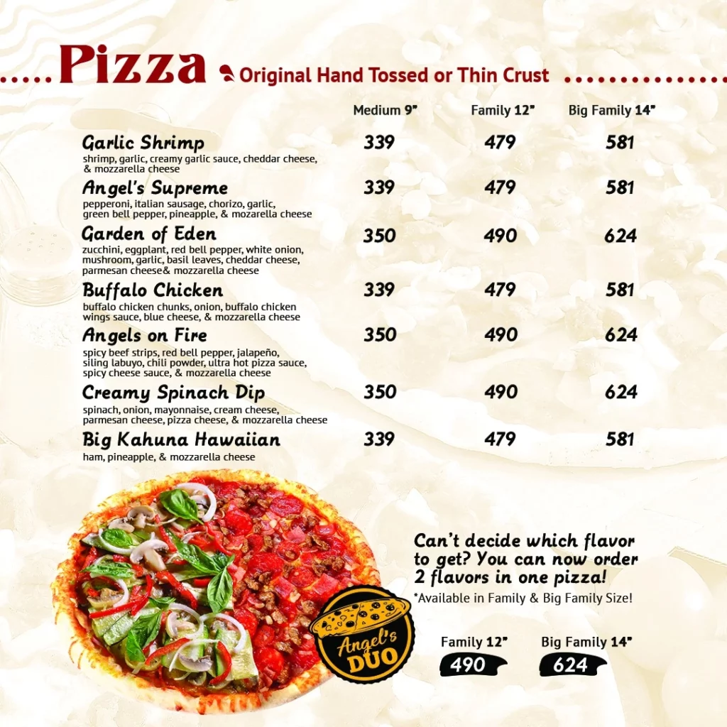 Angel's pizza menu