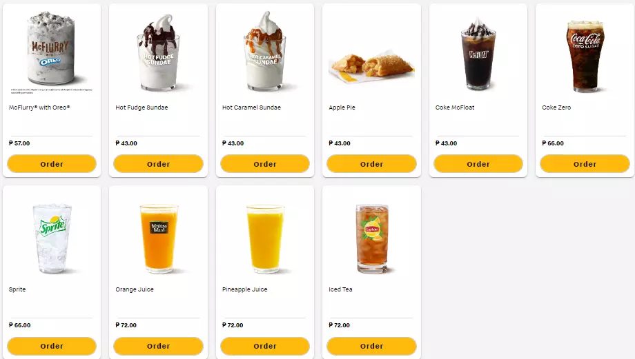 Mcdo Desserts & Drinks Menu