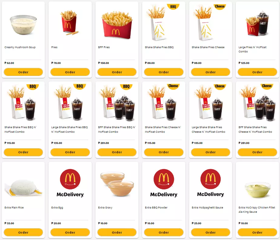 Mcdo Philippine menu sides & Extras