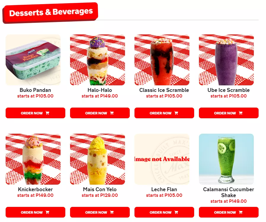 Max's desserts & Beverages menu