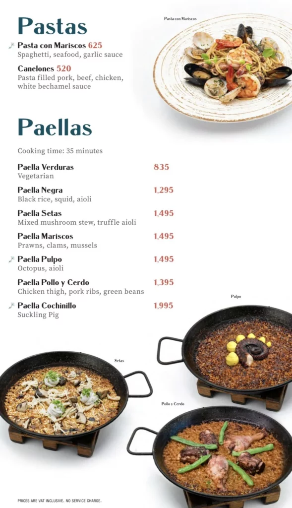 pastas & Paellas Menu