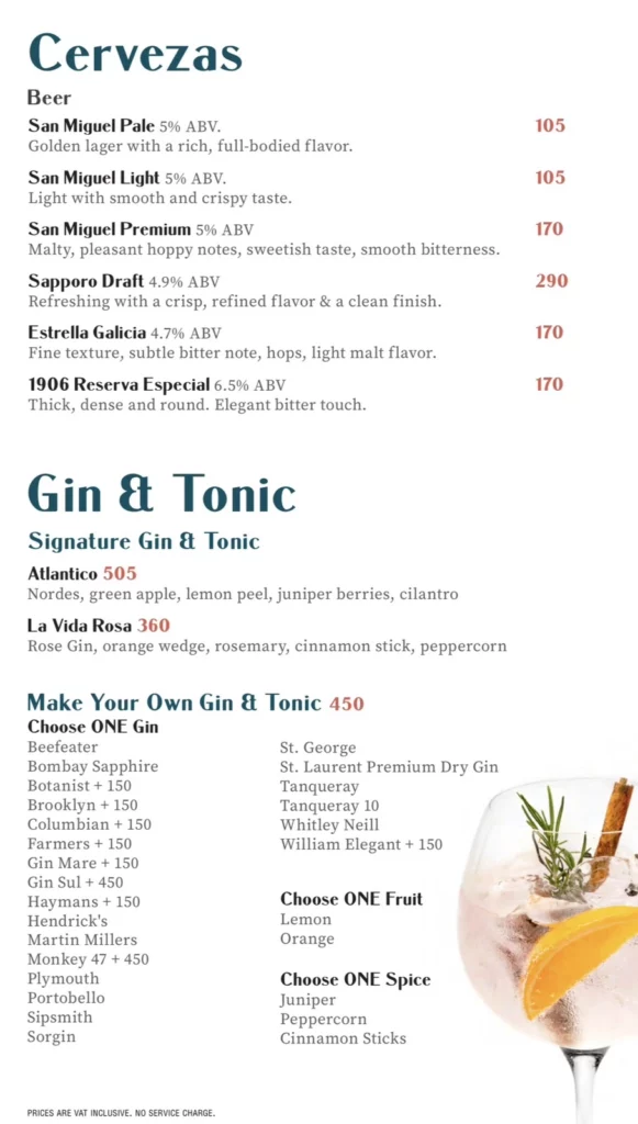 Las flores cervezas, Gin & Tonic Options