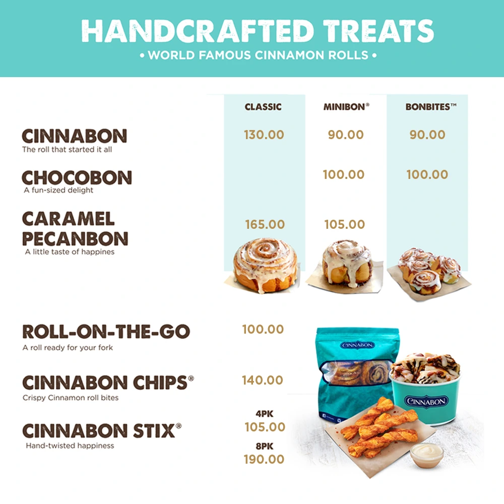 Menu CInnabon Handcrafted treats