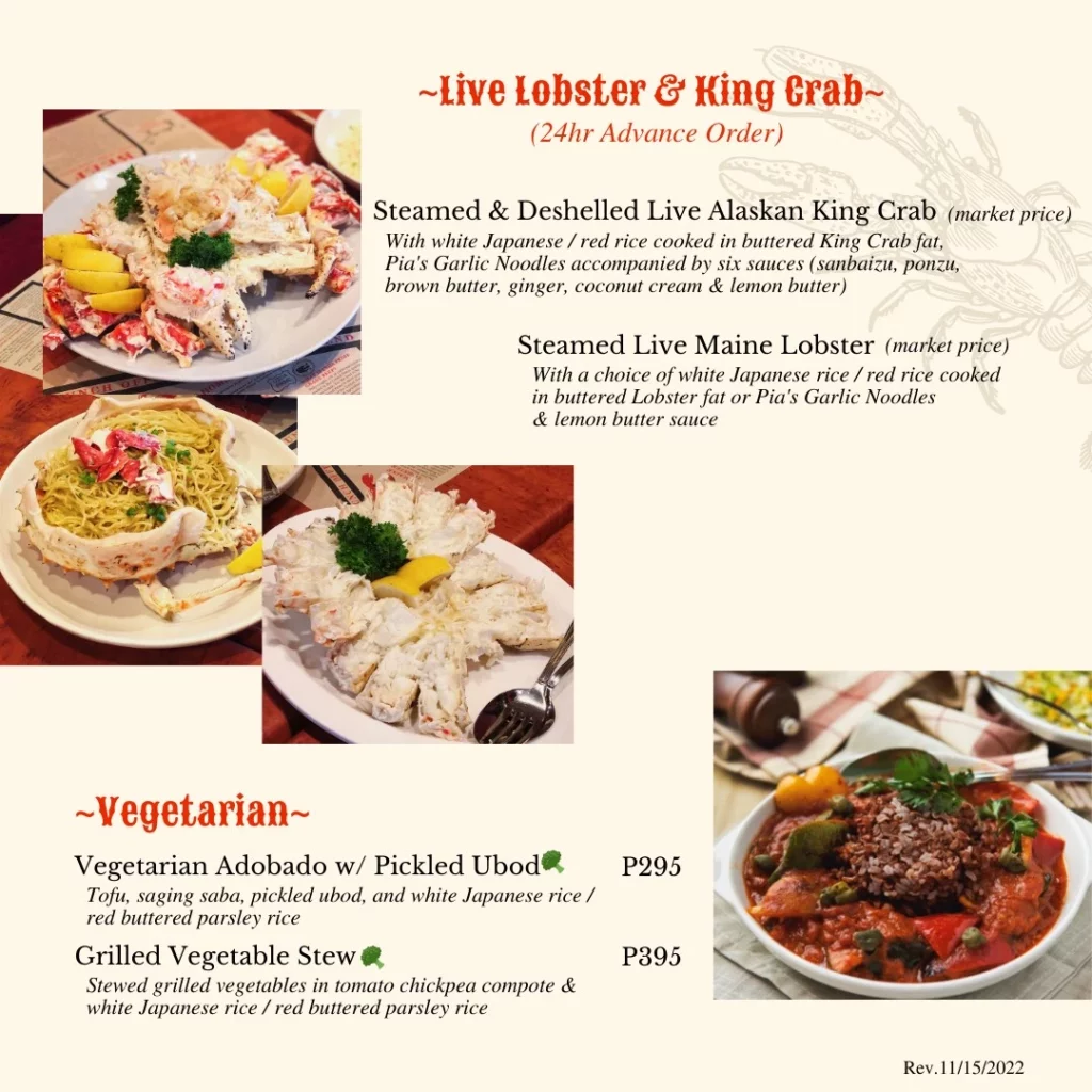 Menu mamou live lobster & King Crab