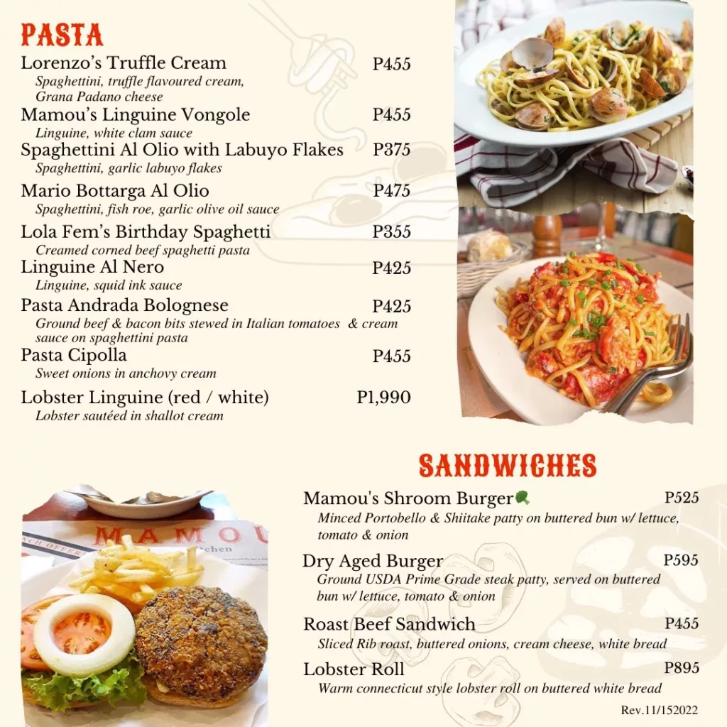 Mamou Menu Pasta & Sandwiches