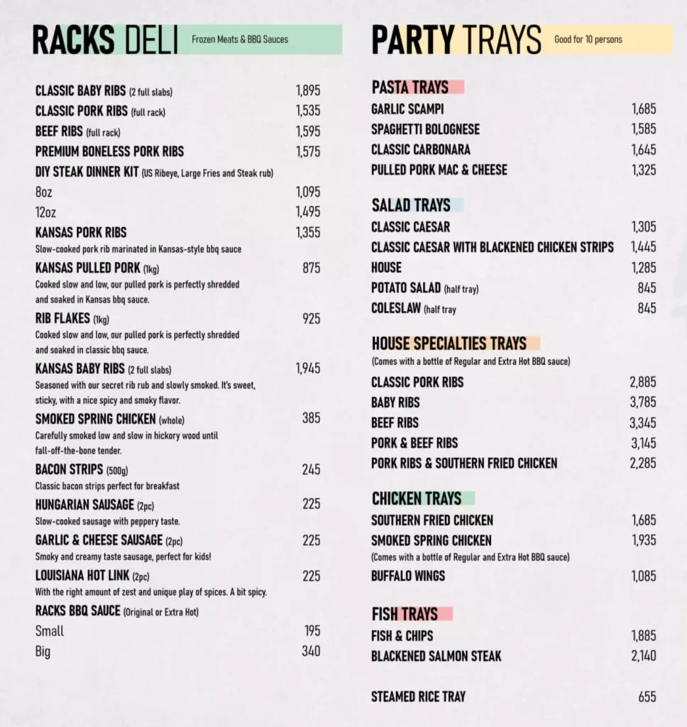 racks deli & Party Trays menu