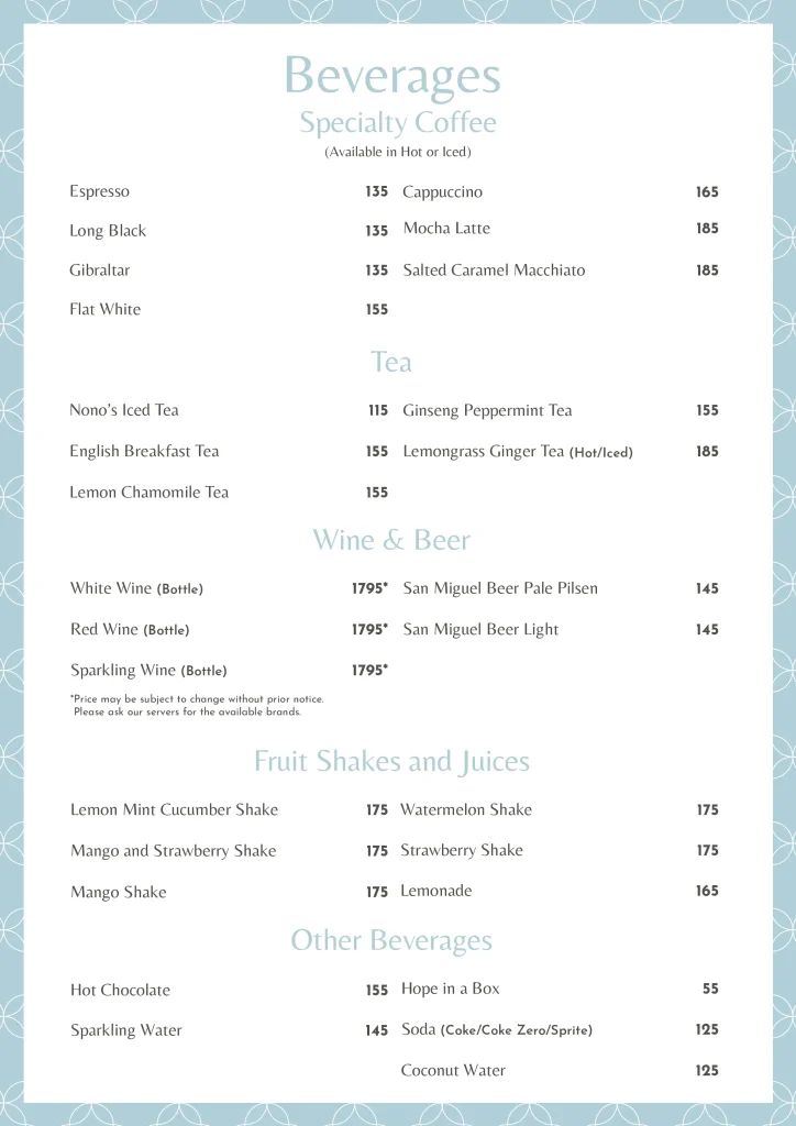 Nono's Drinks Menu 