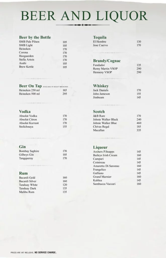 Italiannis beer & Liquor prices