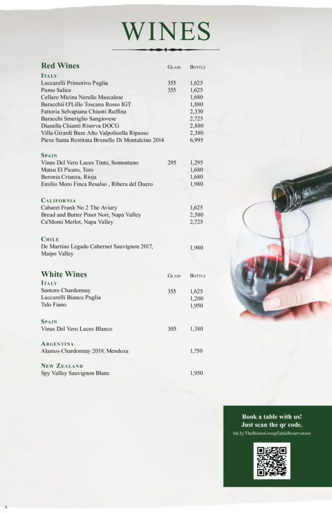 Italiannis wines menu