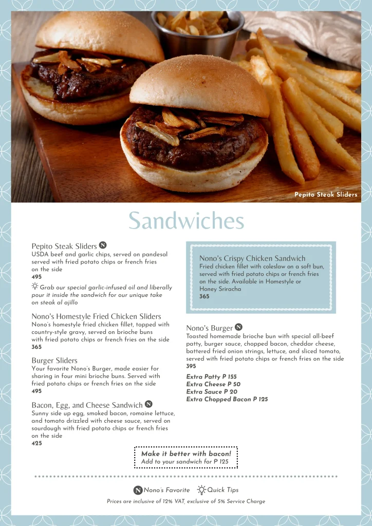 Nono's Menu Burgers