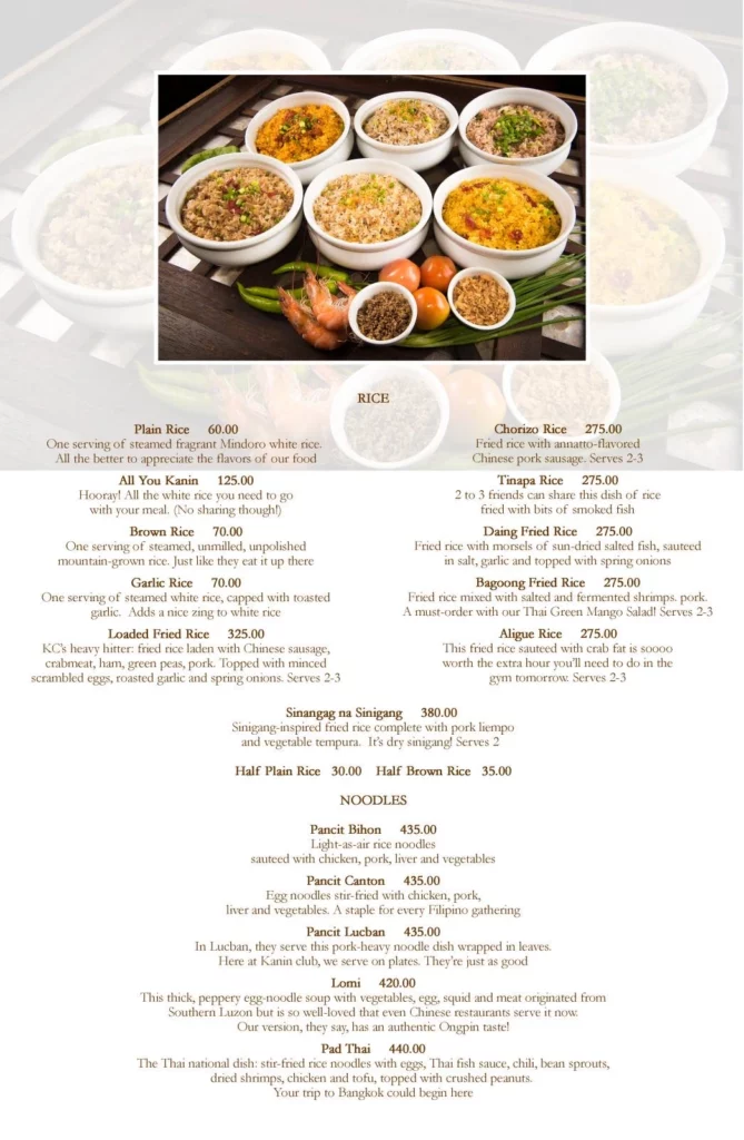 Menu Kanin Club Rice Prices