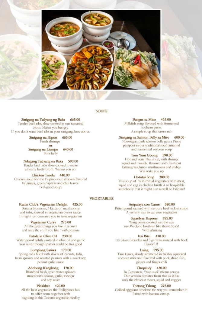 Kanin Club Soups Menu