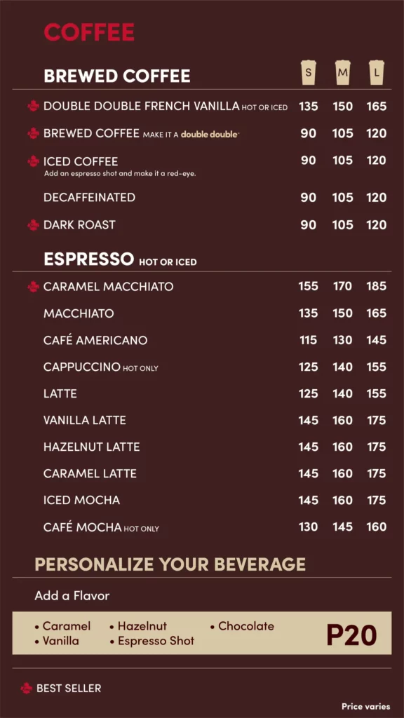 Menu Tim Hortons Coffee