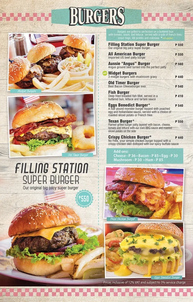 filling station bar & Cafe burger menu