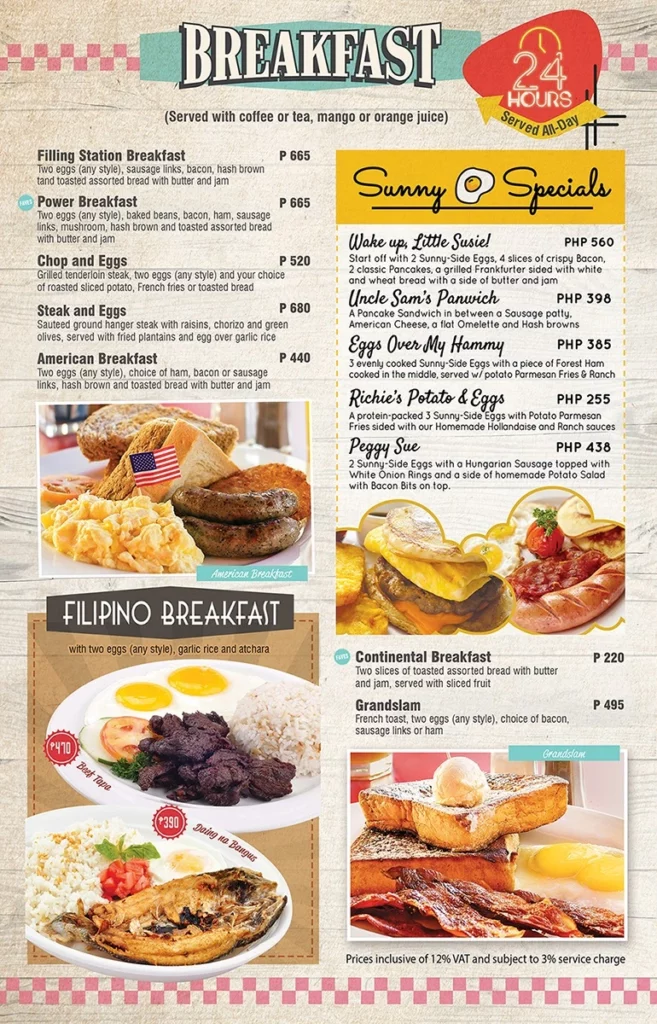 Menu filling station bar & Cafe Breakfast Prices