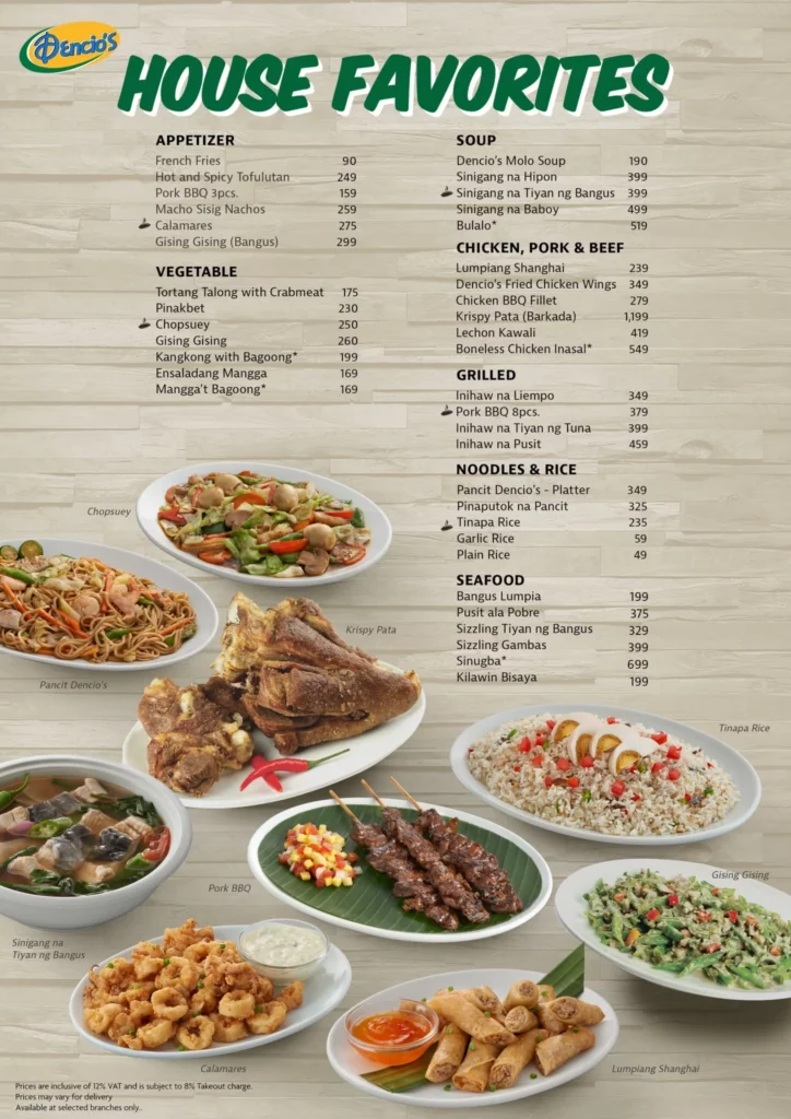 Dencio's Dine in Menu