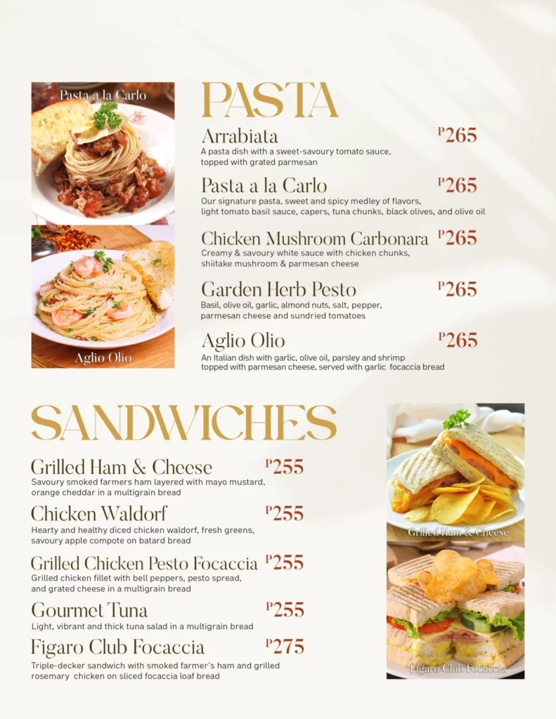 Figaro Coffee Pasta & Sandwiches Menu