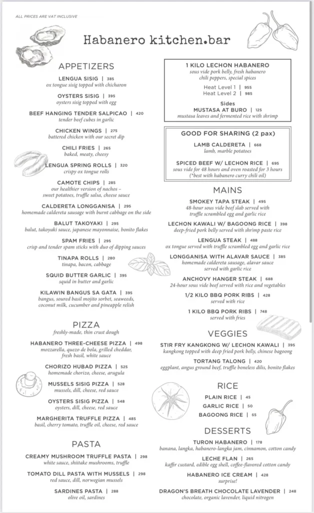 Habanero Kitchen Bar Food Menu