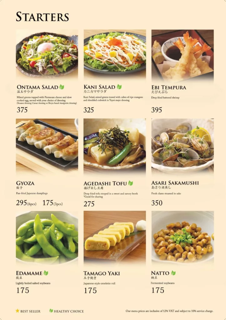 Yayoi Starters Menu