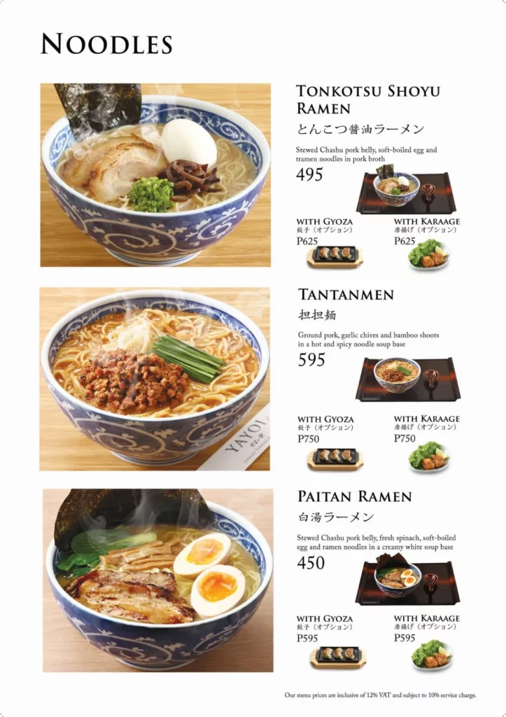 Yayoi Noodles Menu