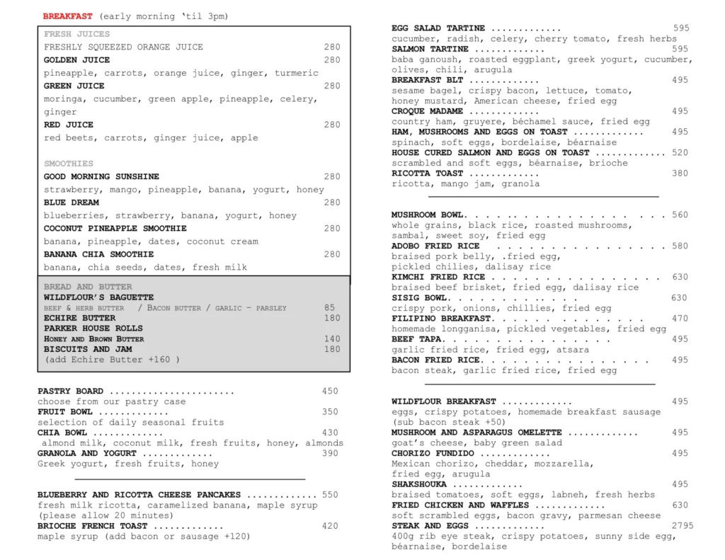 Wildflour Breakfast Menu