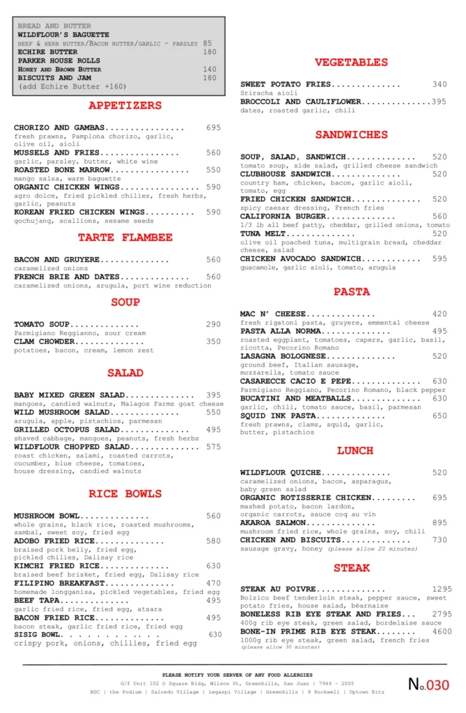 Wildflour Lunch Menu