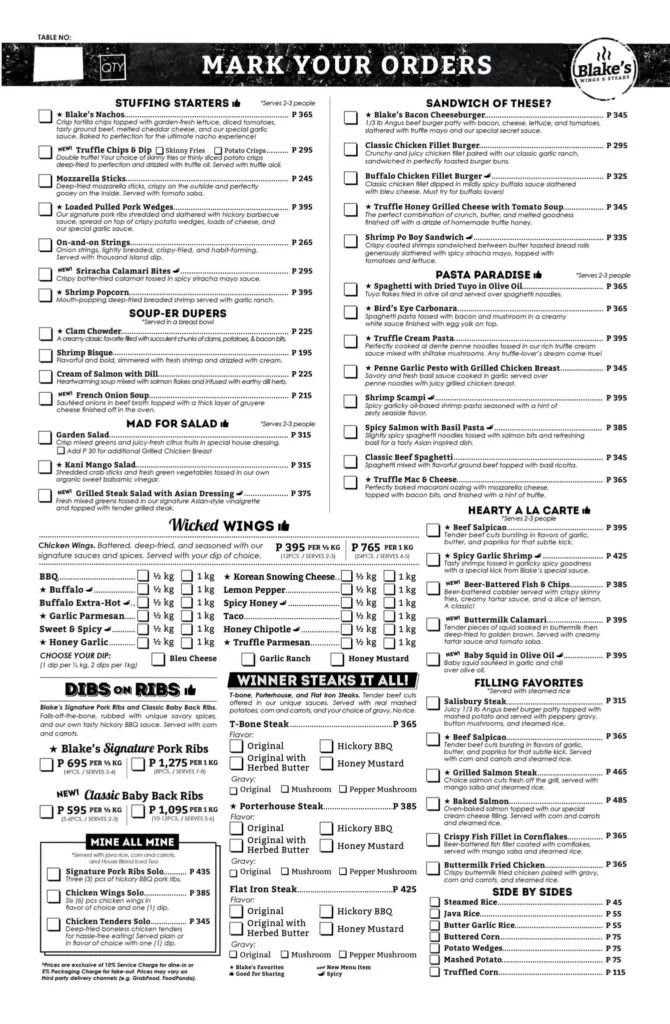 blake's wings and steaks menu