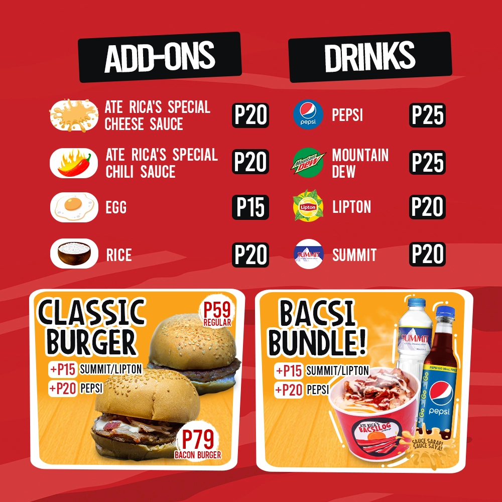 Ate Rica's Bacsilog addons and drinks