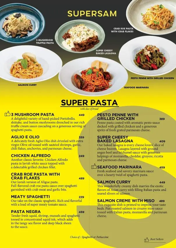 Supersam pasta menu