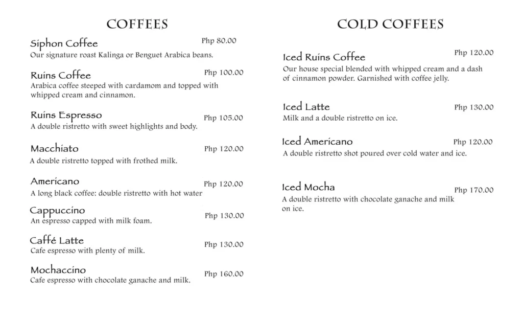 Cafe by the ruins coffee prices