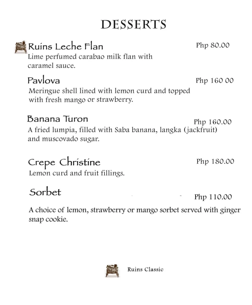 Cafe by the ruins desserts menu