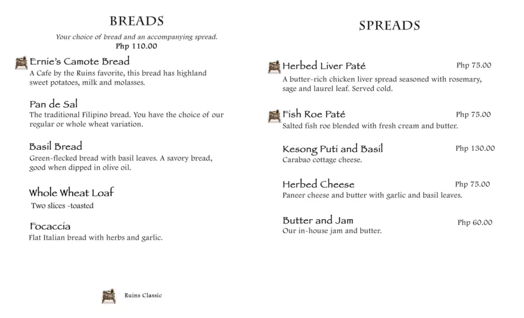 Cafe by the ruins breads and spreads menu