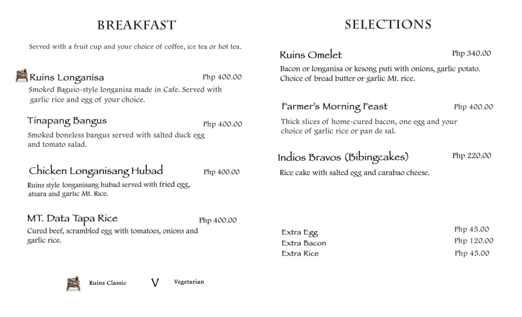 Cafe by the ruins breakfast menu