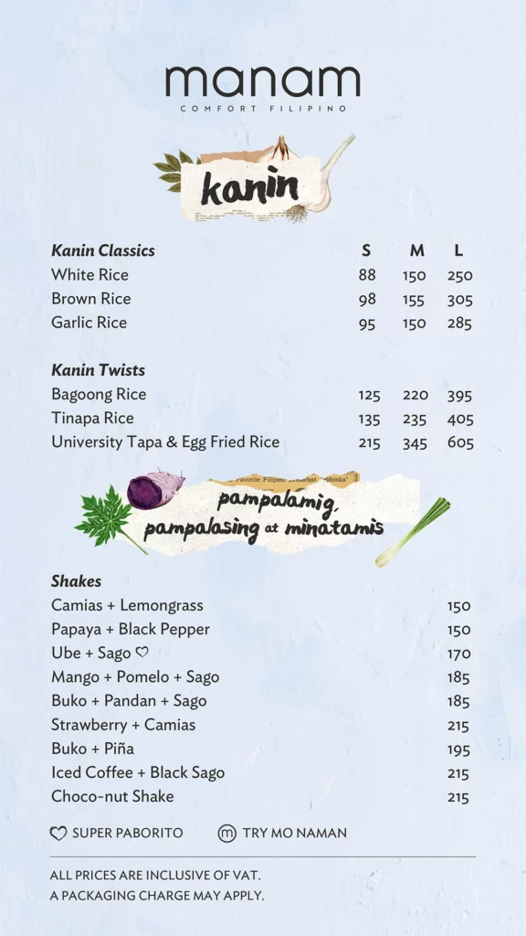 kanin menu manam