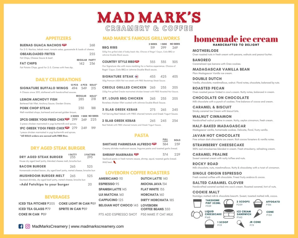 Mad Mark's Menu