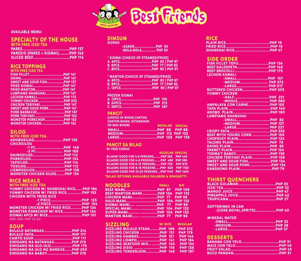 best friends menu