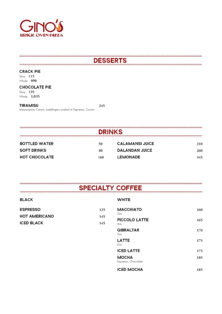 Gino's Desserts and Drinks Menu