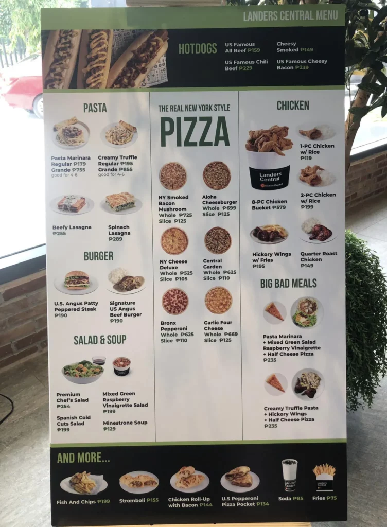 landers central menu pizza