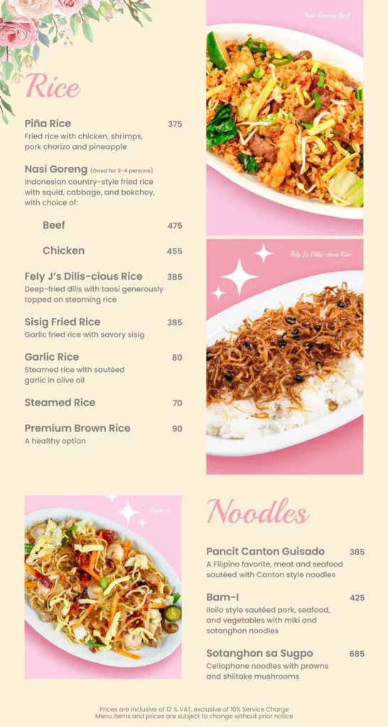 Fely J's rice and noodles prices