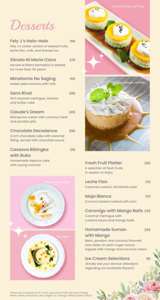 Fely J's desserts menu