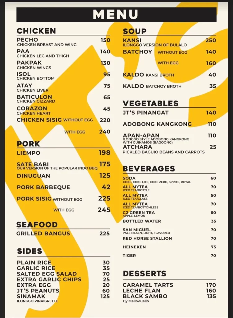 jt's menu