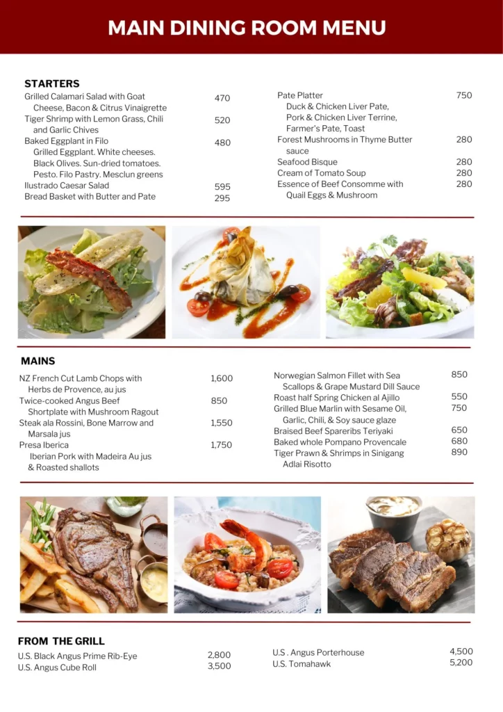 ilustrado main dining room menu