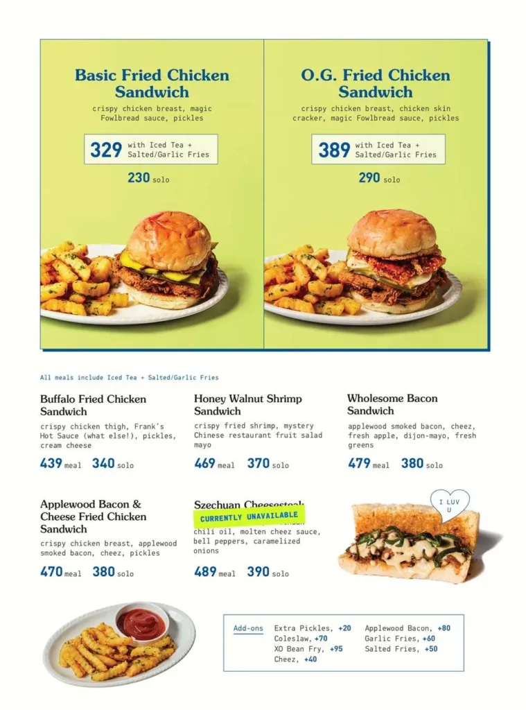 fowlbread sandwiches prices