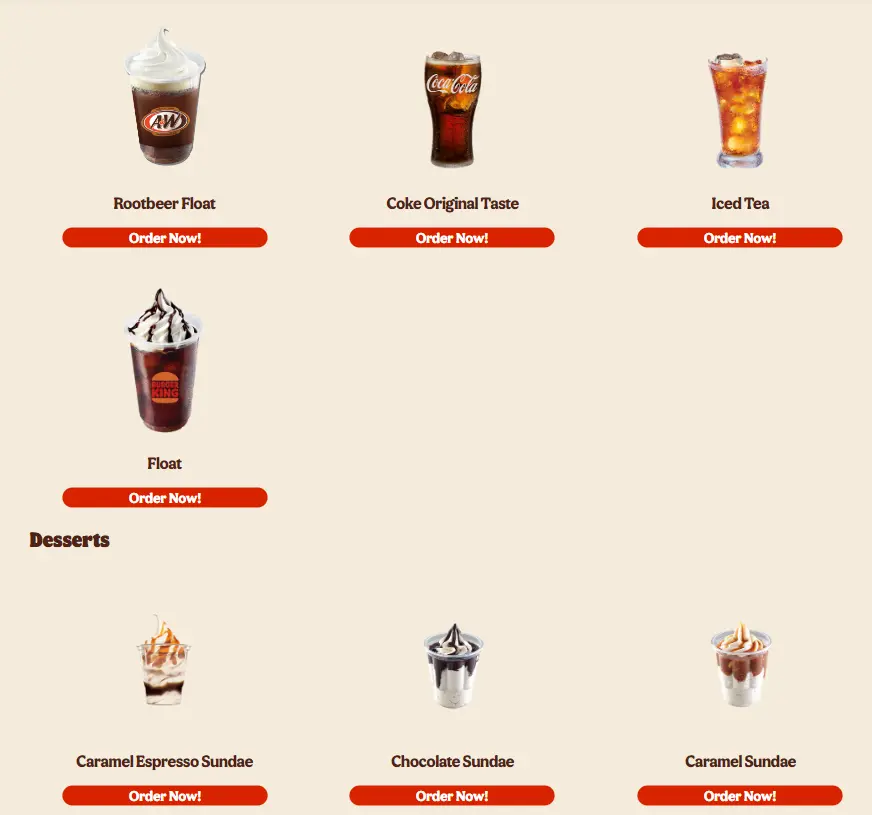 BK Drinks & Dessert Menu