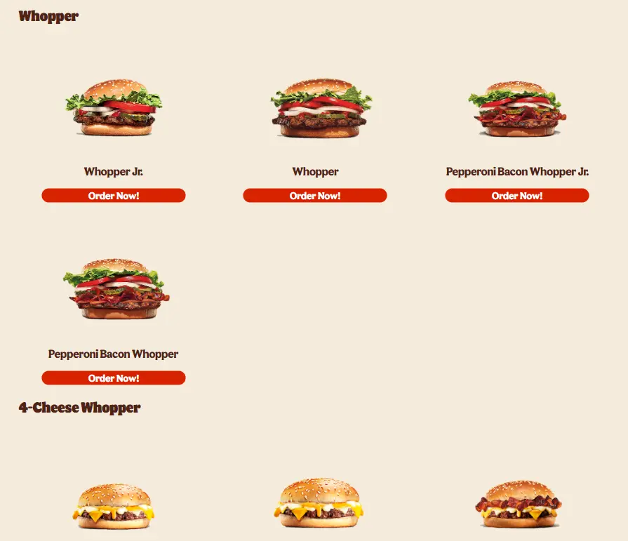 BK Whopper Menu