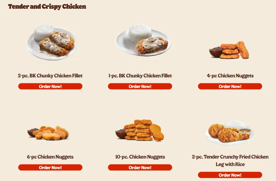 Burger King Tender & Crispy chicken Menu